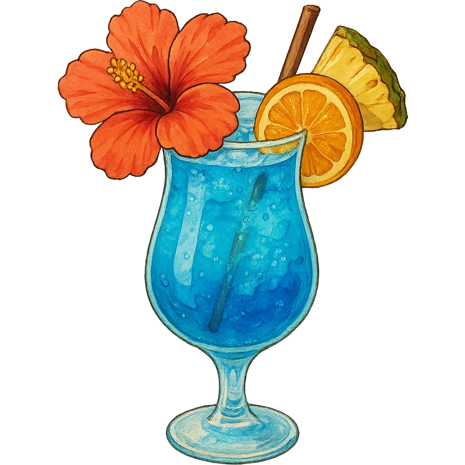 vibrant tropical fruity blue cocktail with hibiscus, pineapple and orange garnishes emoji