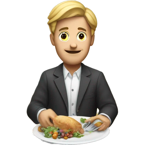 man at dinner table with cuttlery in his hands, money on the plate emoji