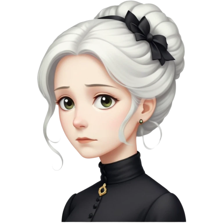A Victorian woman with elegant coiffed white hair and light eyes wearing a modest unaccessorized black turtleneck mourning dress looking down with a forlorn expression emoji