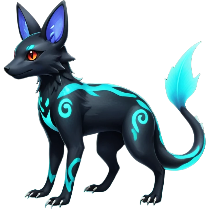 Rare realistic dark-neon glowing bioluminescent edgy badass epic pretty beautiful handsome gorgeous aesthetic colorful vibrant Vernid-Trico-Umbreon-Salandit-hybrid-species-Fakemon-creature by LiLaiRa, 4 legs, 1 tail, random markings, (full body) emoji
