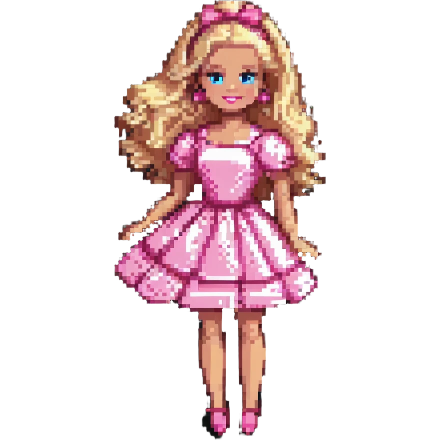 Barbie, classic doll with blonde hair, pink dress, cheerful expression, in a playful pose, pixel art style emoji