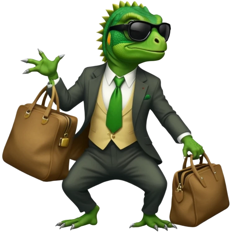 capitalist iguana banker godfather with black sunglasses breakdance with bag emoji