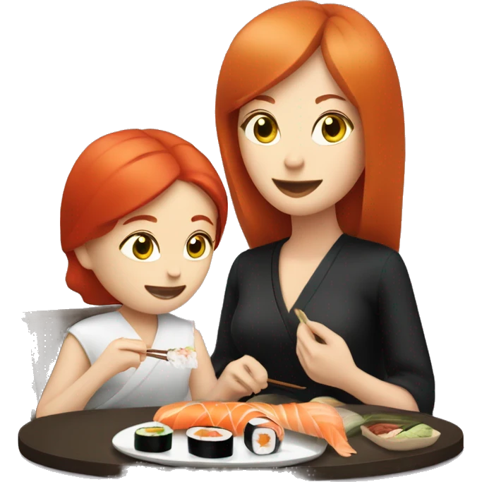Red haired pale woman eating sushi with her tanner mother emoji