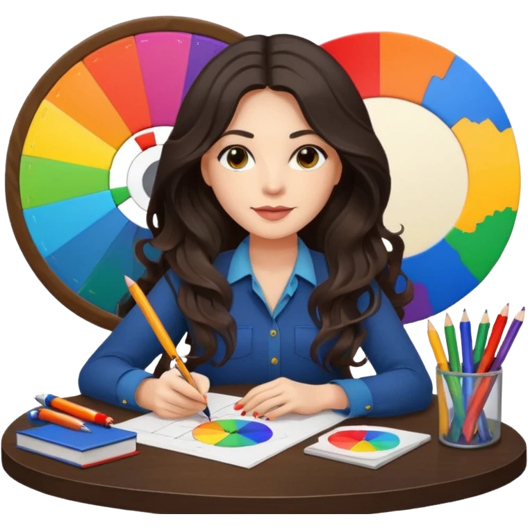 female dark wavy long hair graphic designer , big color wheel behind , pens, papers, desktop emoji