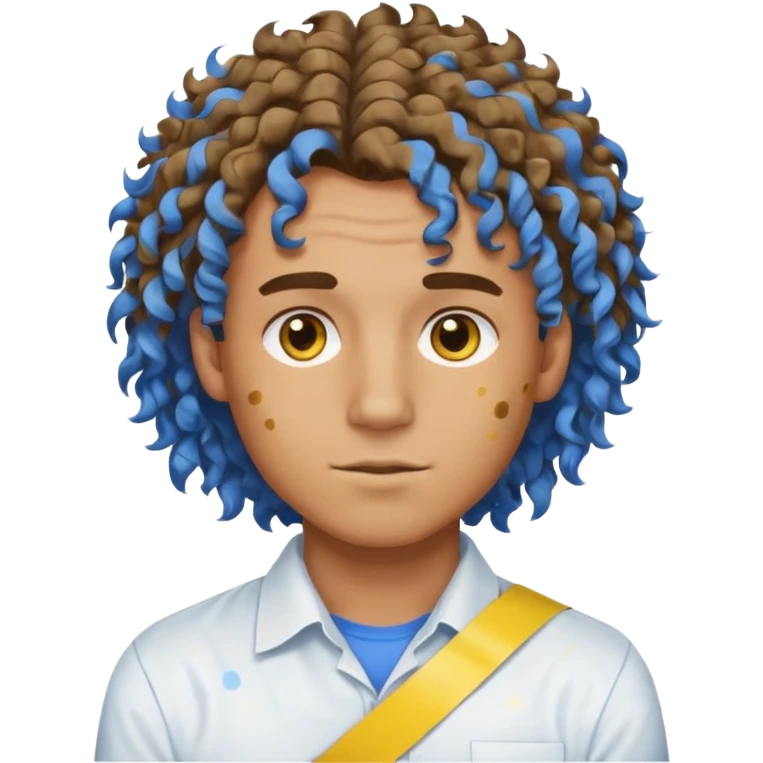 Make me an emoji that has a guy with a white shirt and yellow tape around the shirt with brown and blue spots hair make the hair curly make the yellow tape go around it emoji