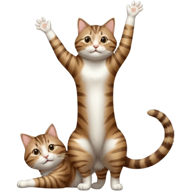 brown tabby and white cat with doing a big extremely long stretch reaching up into the air with arms and legs side by side together straight and overextended whilst lying on its side emoji