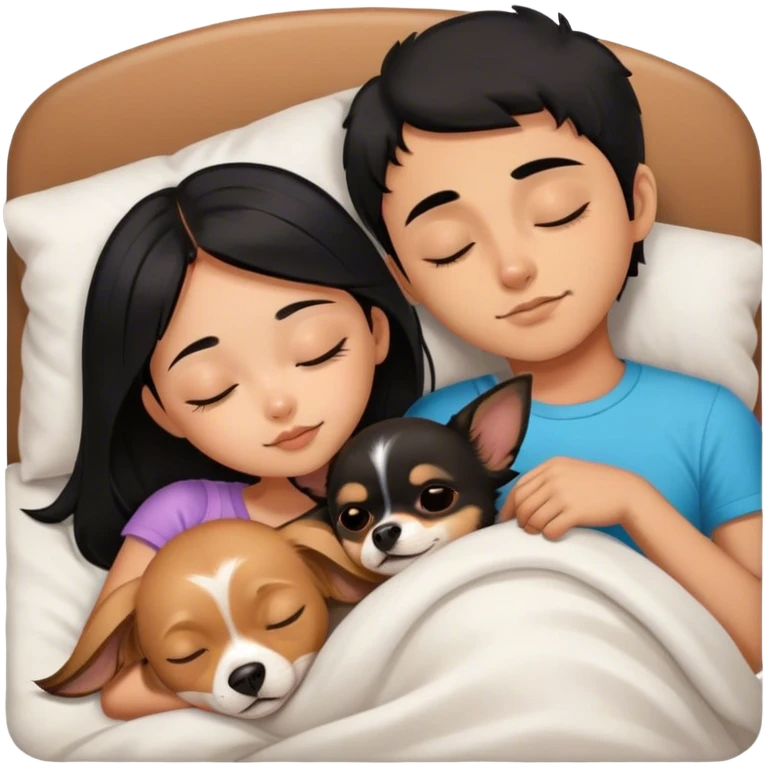 Coquette teenage cute asian black hair girl sleeping with brown longhair chihuahua and brazilian-guy, short-beard, short-black-hair emoji