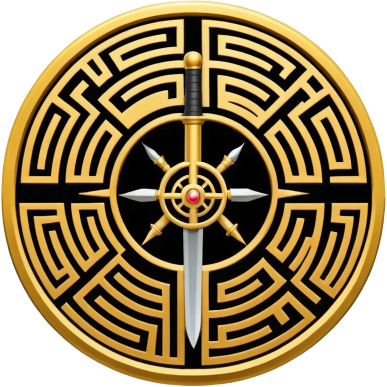 A vertical sword in the center of a circular maze, inside of which is embedded a thin astrolabe. The lines are strict, geometric, and symmetrical. The material is a dark metal (antimonium). The style is a minimalistic alchemical sign. emoji