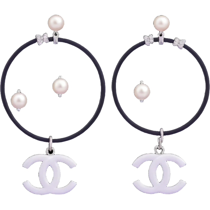glossy 3D emoji-style black and white hoop earrings with pearl accents and small silver Chanel logo charm, elegant emoji