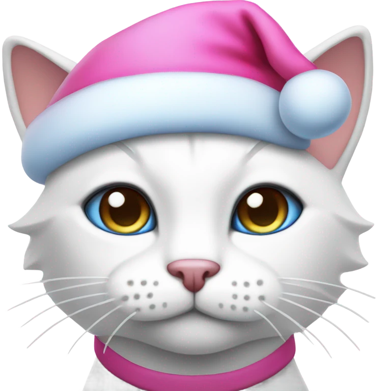 White cat with a pink nose and blue eyes wearing a Santa hat emoji