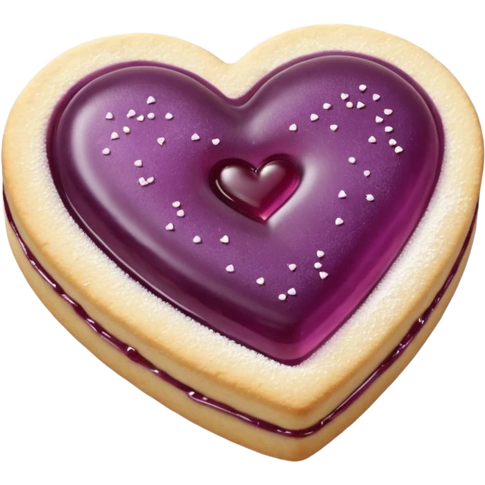 Realistic shortbread cookie in the shape of a heart with mauve jelly middle filling and sprinkled powder sugar on top. emoji