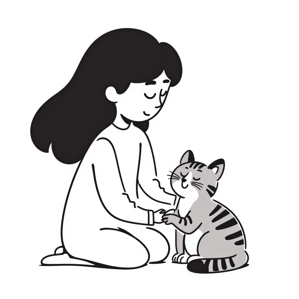 Beautiful girl with long black hair sitting with a gray and blonde mixed cat emoji