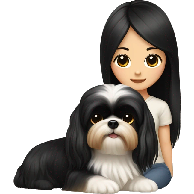 long black hair korean girl with her beige and black shih tzu yorkie. The dog has short floppy ears and has light distinct eyebrows  emoji