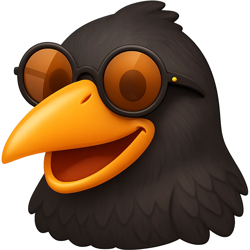 Make the bird emoji more emoji-like, keeping the detailed, slightly cartoonish style and subtle emoji shine. Define the feathers just a bit more than before, but keep it clean and not too realistic. Keep the orange beak and round sunglasses. Bird with a big smile. No background. emoji