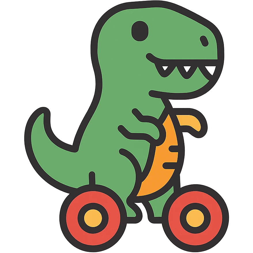 Add wheels to the T-Rex, making it look like a toy vehicle, with the same bright lighting and sharp focus emoji