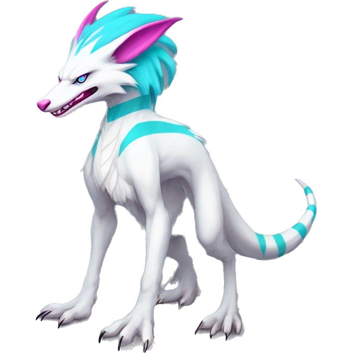 White elegant beautiful natural cute badass epic anthro modern albino sergal-vernid-Fakémon with cyan mane and magenta eyes with cyan edgy stripes, anthropomorphic, two-legged, digitigrade, full body emoji