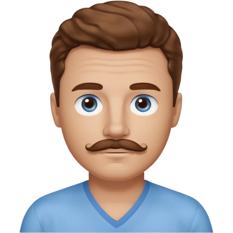 Benson Boone blue eyes, brown wavy hair and mustache, light blue v-neck shirt emoji