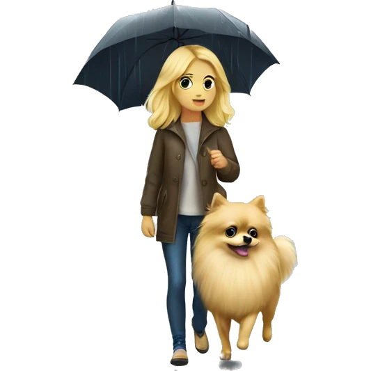 Blonde girl walking little pomeranian under the rain emoji