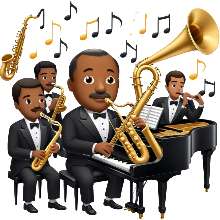 Icon for Jazz Music: Count Basie Orchestra, with Count Basie at the piano surrounded by jazz musicians playing instruments like saxophones, trumpets, and drums. Floating musical notes should capture the energetic and smooth vibe of big band jazz. Transparent background. emoji