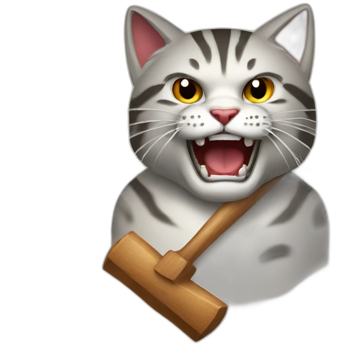 Angry cat smiling with wooden hammer emoji
