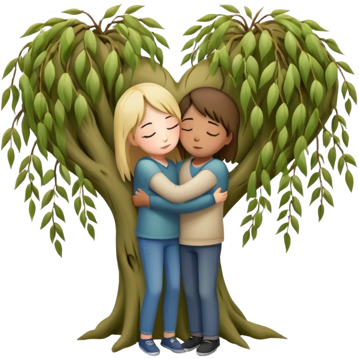 heart-shaped weeping willow tree surrounding two friends hugging in a comforting way, supportive embrace, with small heart symbol emoji