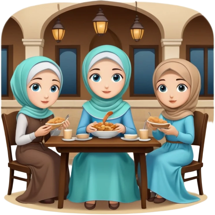 Turkish beautiful finish Konya girls blue eyes with lovely dark mint hijab long tail dress and the two friends sits on the chair on the ground and eating the food in the restaurant  emoji