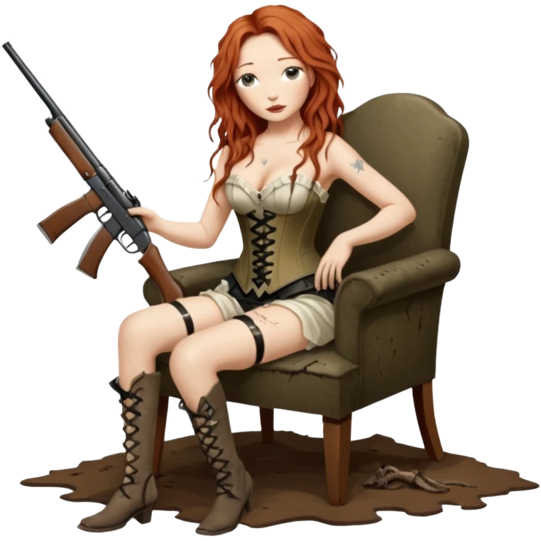 realistic cinematic Tori Amos sits on a rocking chair in a torn corset, holding an antique rifle and her bare feet are muddy. A white snake is wrapped around the chair. emoji