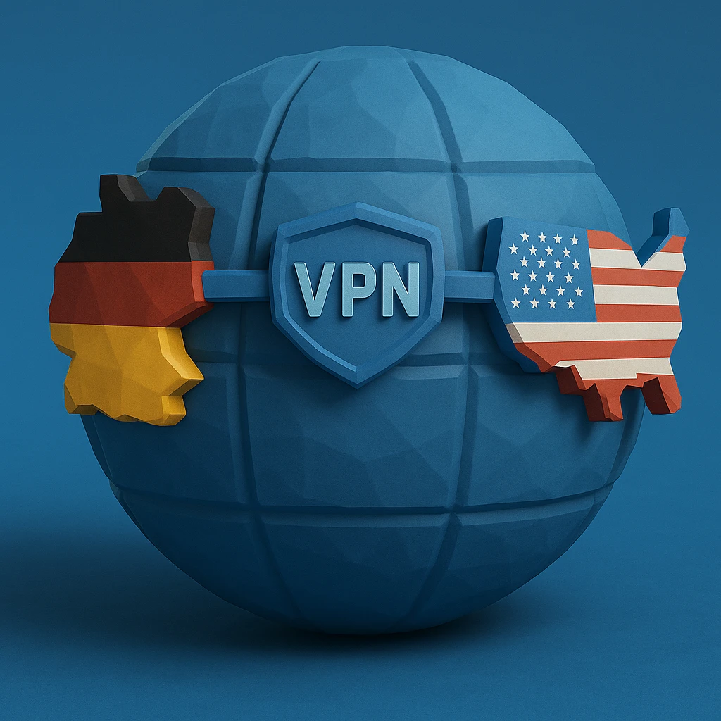 Edit the playful 3D globe with VPN and a connection between Germany and USA to have a blue color scheme with realistic shading and depth, maintaining the playful and 3D low poly style. emoji
