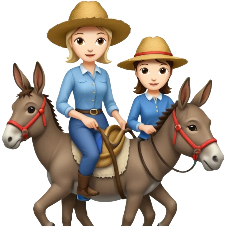 a lady on a donkey while the man is walking alongside the donkey emoji