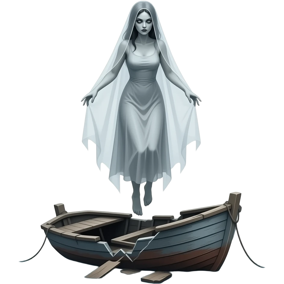 cinematic  - a broken boat with a terrifying female apparition around which a transparent veil flutters hovers emoji