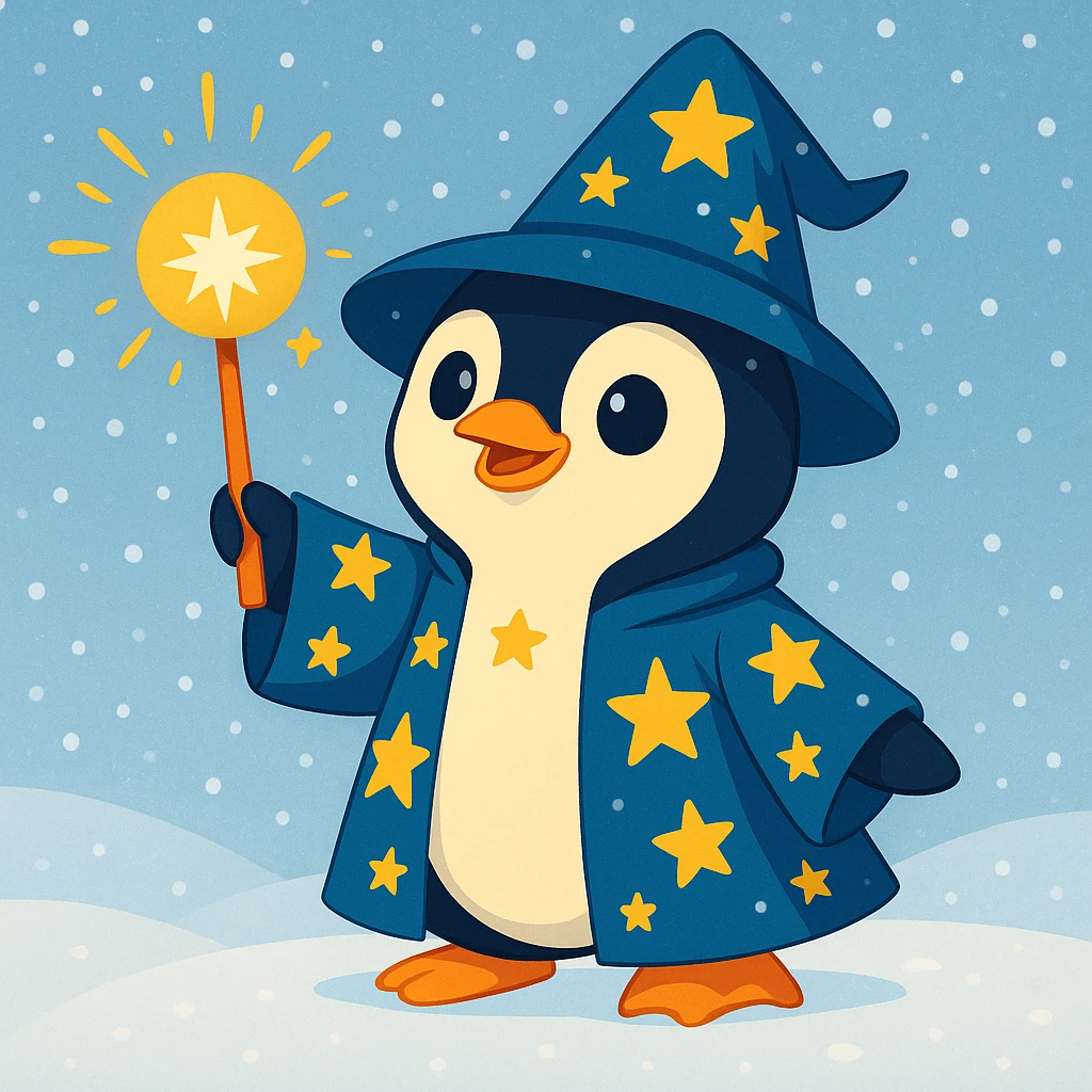 Add a snowy background behind the cute penguin wizard, ensuring the starry robe and hat remain visible and clear. emoji