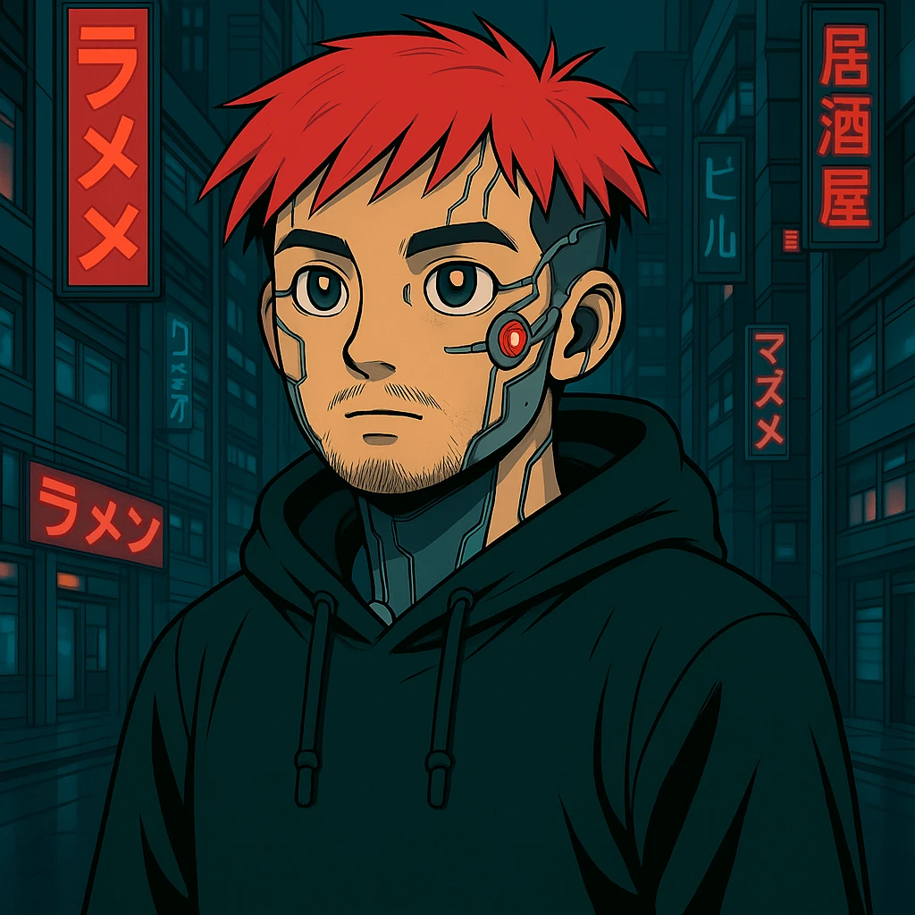 Add cybernetic implants to the Asian man, make the eyes a bit bigger, keep round face, less mustache, a bit of beard, red hair, black hoodie, Japanese cyberpunk anime style, futuristic city background emoji