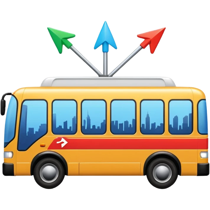 modern bus at a slight angle with three colorful arrows pointing to city icons, no skyline emoji