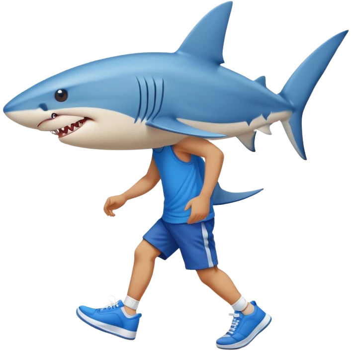 a blue shark wearing blue Sneakers walking in front of the beach emoji