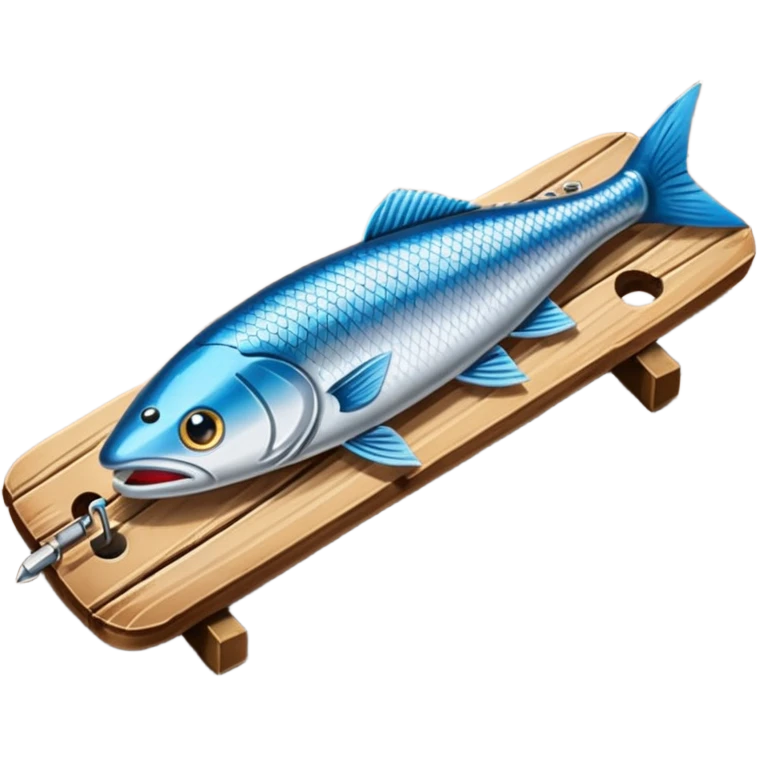 A metal lure set arranged on a wooden plank emoji