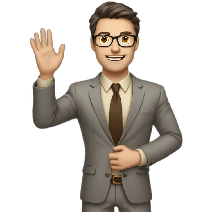 To belt Actively gesturing with hands Pale skinned fit man with dark brown hair in gray jacket, beige office shirt, brown tie, brown pants and vintage glasses. emoji