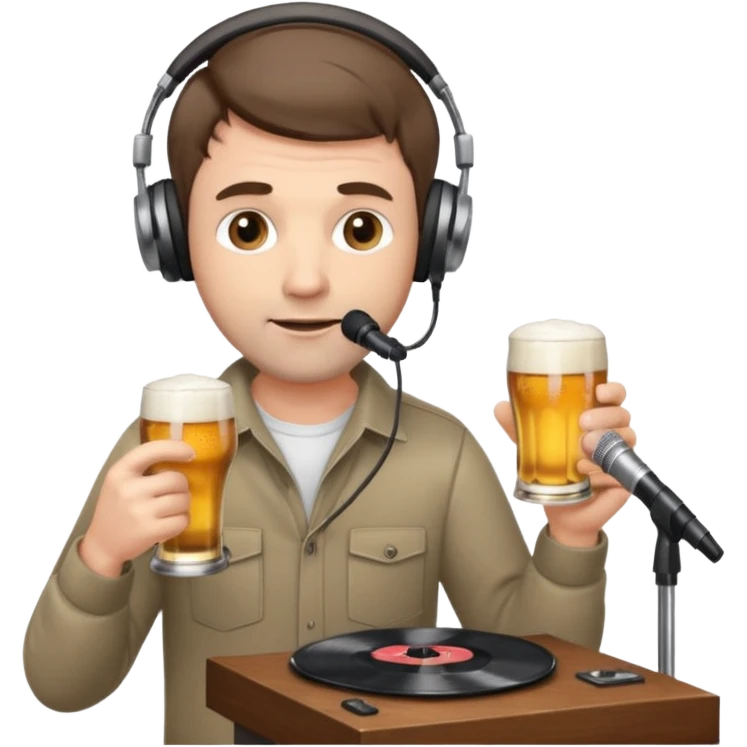 a middle aged white male radio presenter, with short brown hair and slightly unshaven, wearing headphones, speaking into a microphone, with a beer in his right hand and vinyl record in his left hand emoji