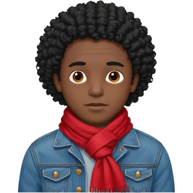 black skin man, curly black hair wear red scraft, jean jacket emoji
