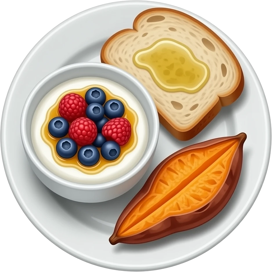 Realistic Plate with greek yogurt bowl topped with blueberries raspberries and maple syrup and sourdough slice topped with olive oil and a sweet potato on the side HD emoji