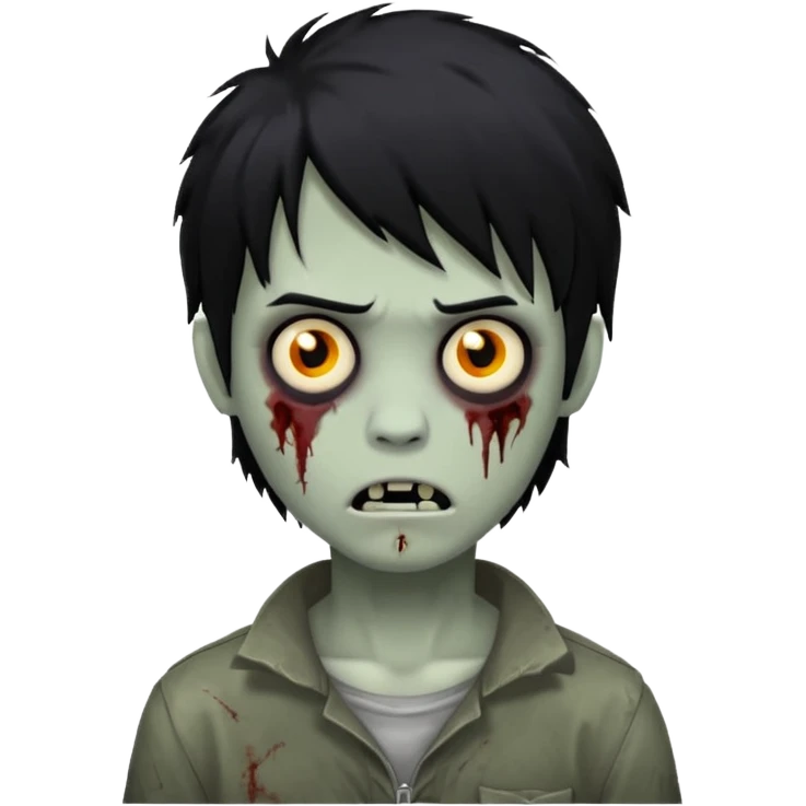 Boy, zombie, black hair, medium long, emo, shaggy, dark, spooky, creepy expression, gray skin emoji