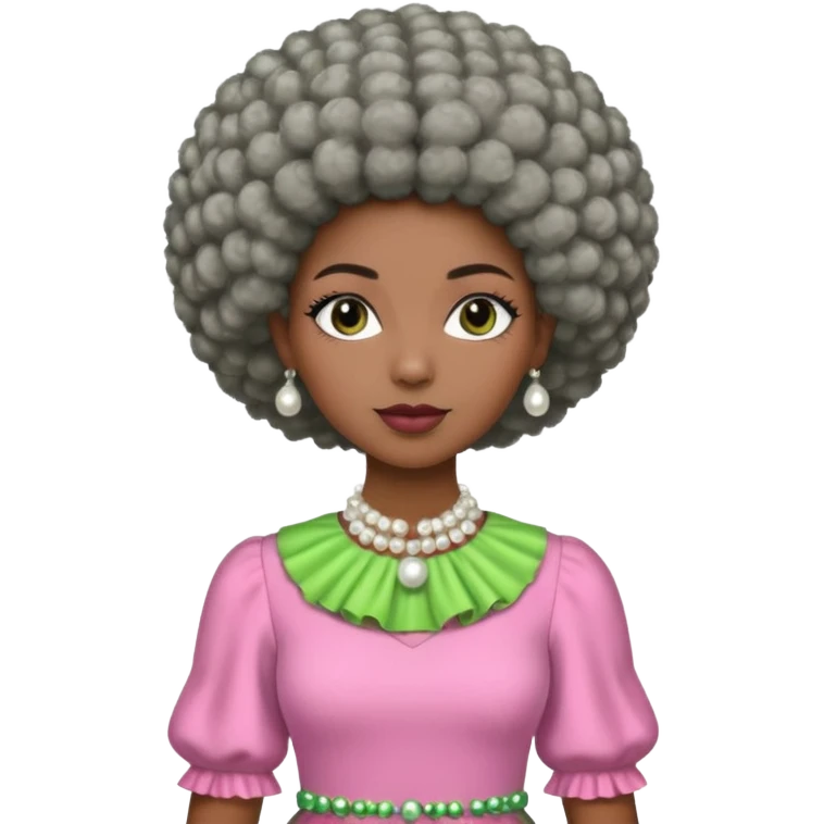Brown woman with a very very stylish gray Afro  wearing pink and green dress  and pearl blouse with sleeves emoji
