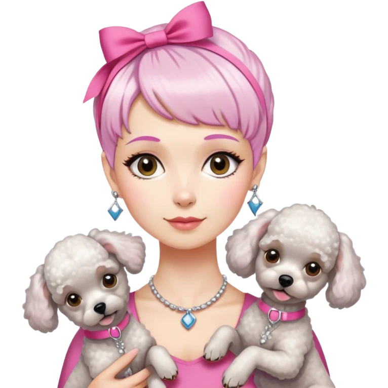 short pixie bangs platinated woman pink hair band，fair-skinned ,no earringsholding two poodles emoji