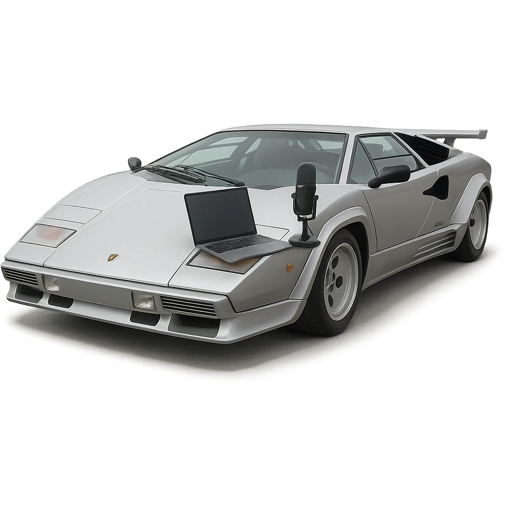 Lamborghini Countach with a laptop and recording microphone on the hood emoji