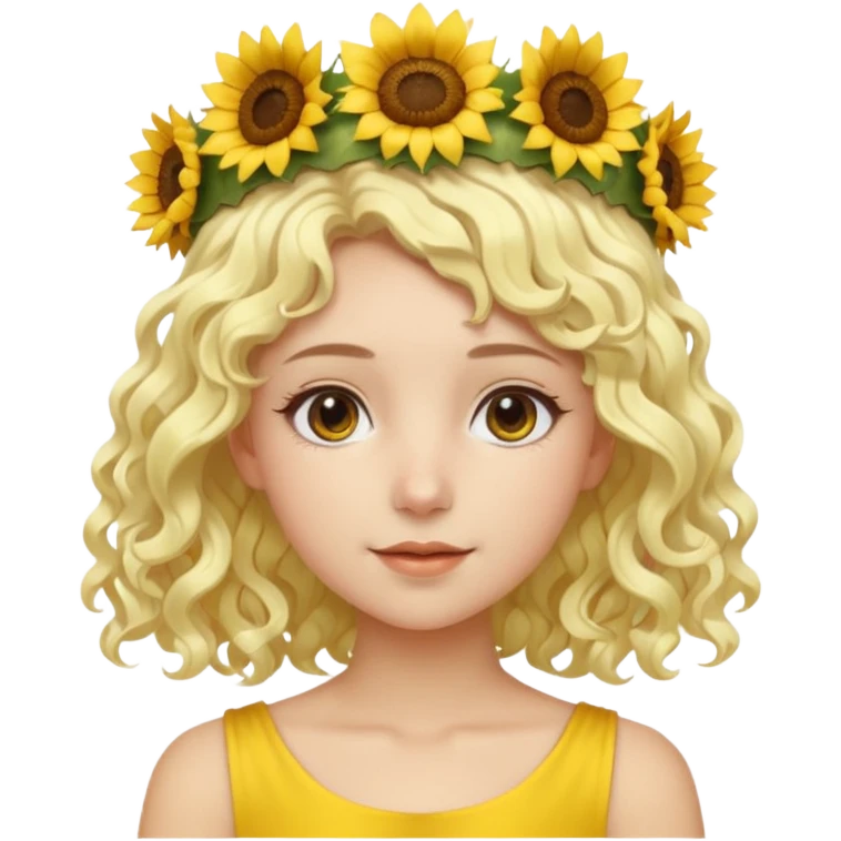 ["Fair skin female, short platinum-blonde curly hair, wearing a yellow sunflower crown."] emoji