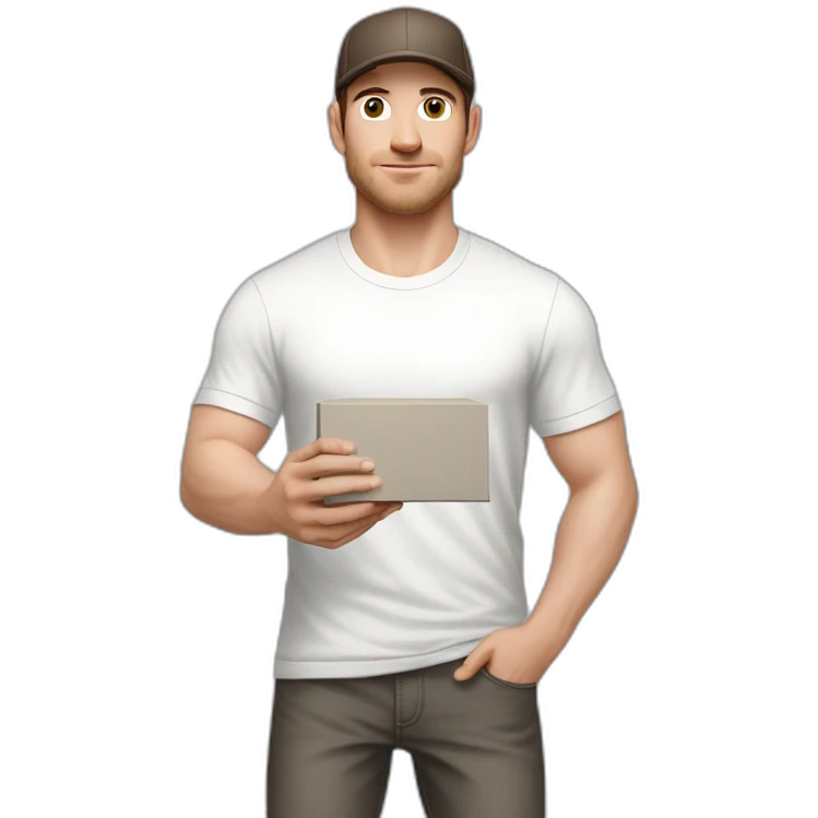 Pale skinned fit Man with dark brown hair in a light gray cap, dark brown jeans, brown polo and white T-shirt keeping a pasted with tape white box into his hands emoji