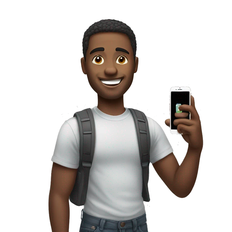 guy holding iphone in his hand with a smile on his face emoji