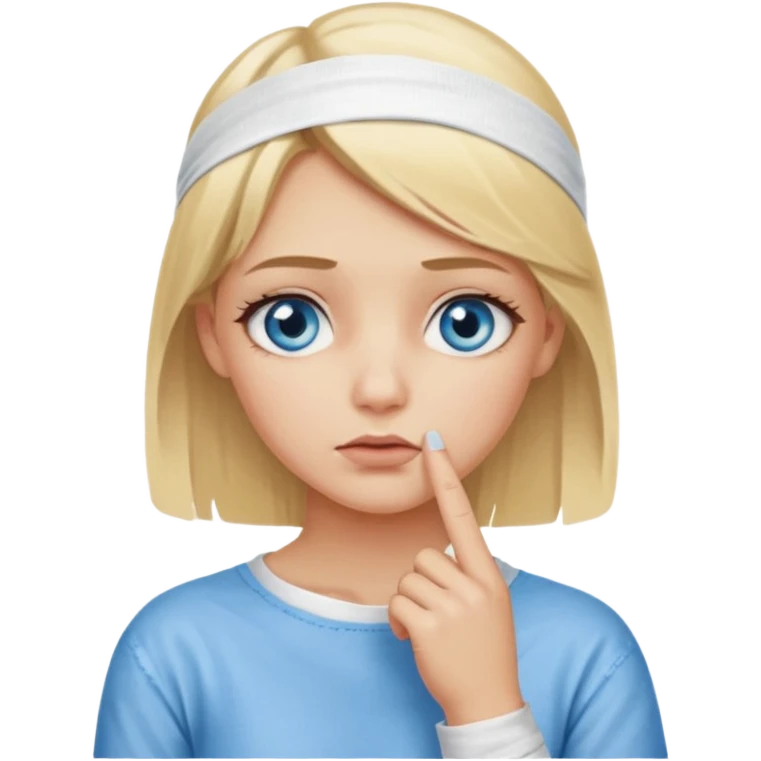 blonde-haired, blue-eyed, fair-skinned girl with a fully bandaged index finger, finger on chin, thinking emoji