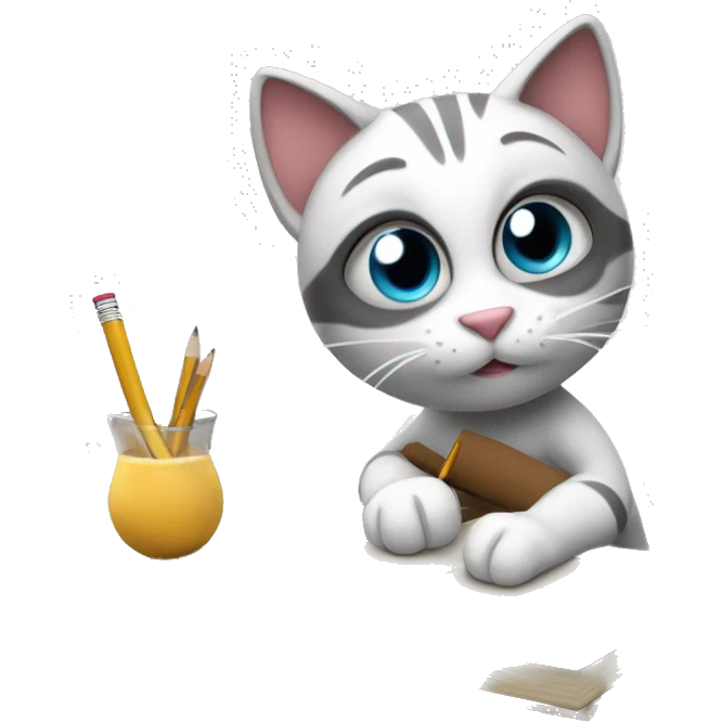 cartoon cat Auzuki doing homework using a big pencil in his paw. emoji