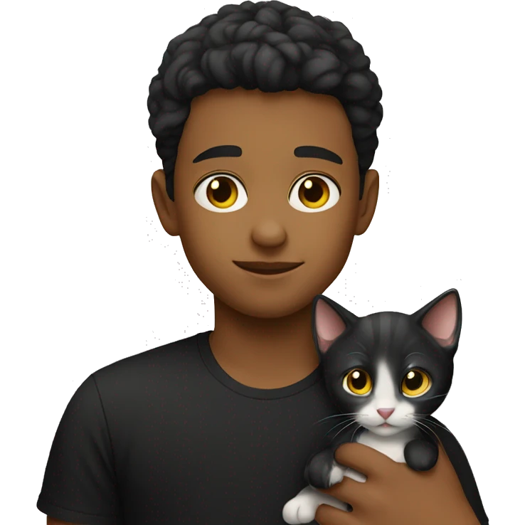 boy in black shirts with heirless kitten emoji