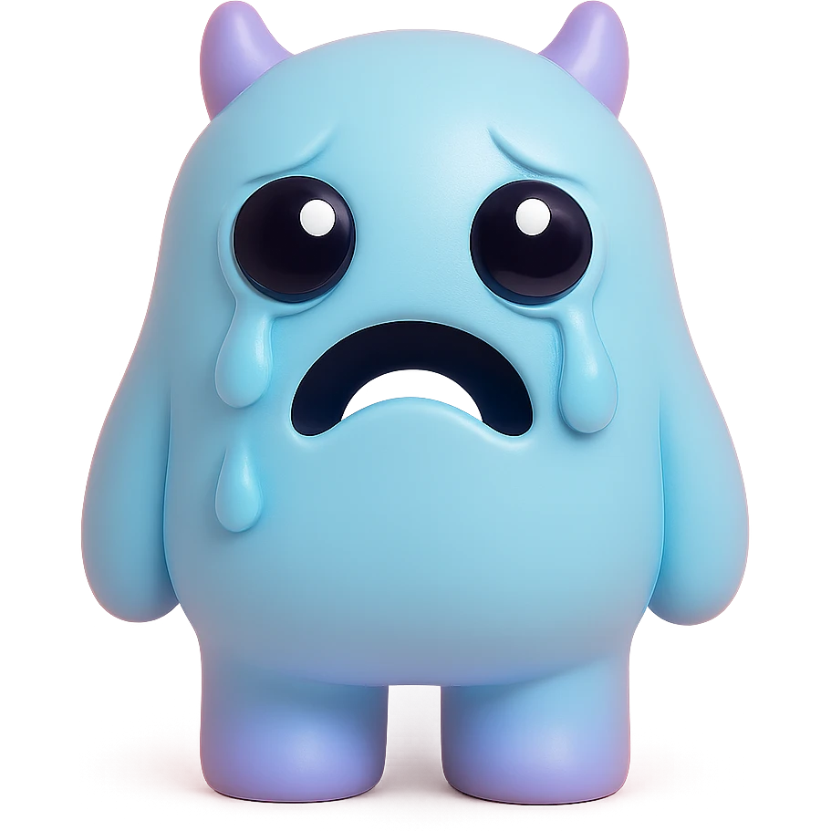 monster with big teary eyes, drooping mouth, tears streaming down its face, soft blue and purple colors, toy-like vinyl figure style emoji